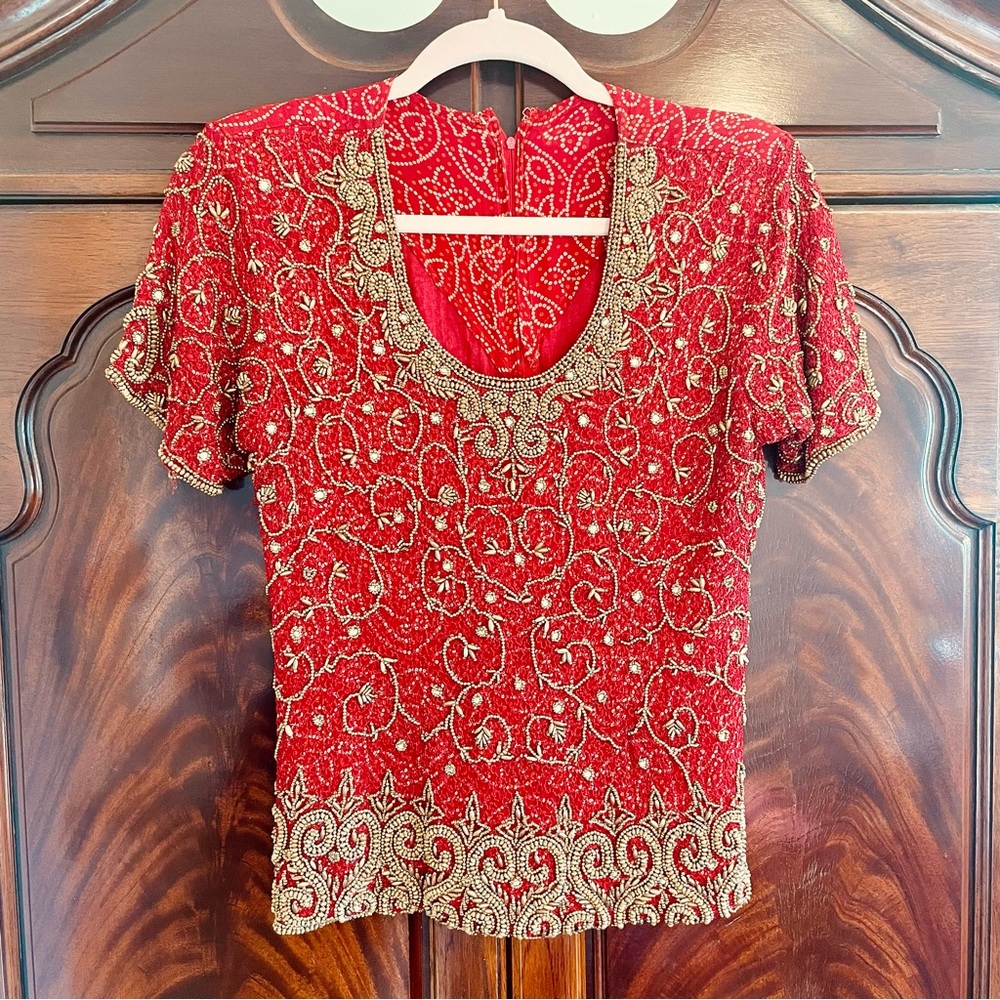 Exotic Beaded Red and Bronze Women's Blouse